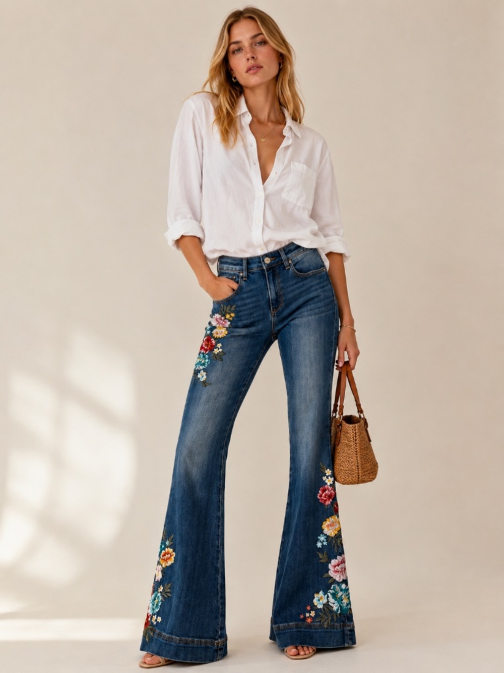 Driftwood Farrah Mid-Rise Flare Jeans Floral Embroidery Boho Size 25 NWT